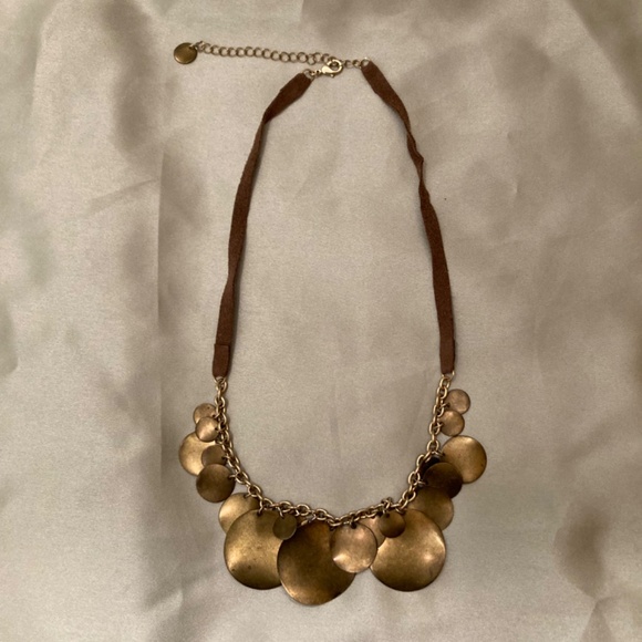 Necklace Brass Discs Brown Suede Cord 18” with 3” Extnsn Lobster Claw Clasp VGUC - Picture 2 of 12